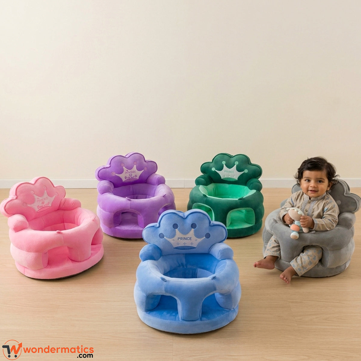 Plush crown baby floor seat with Prince and Princess design