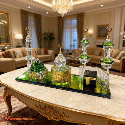 Crystal 3-in-1 Islamic Landmark Model featuring Kaaba, Masjid Nabawi, and Maqam-e-Ibrahim – Elegant Home & Office Decoration
