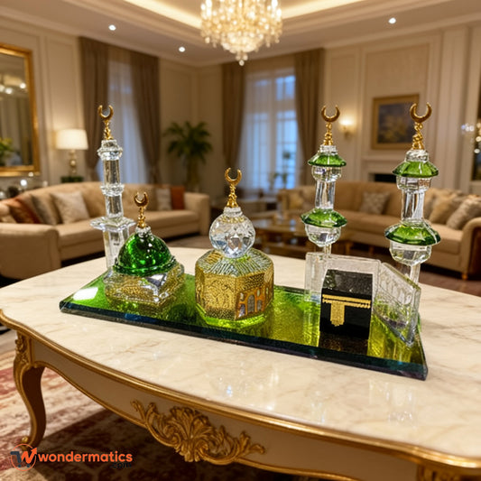 Crystal 3-in-1 Islamic Landmark Model featuring Kaaba, Masjid Nabawi, and Maqam-e-Ibrahim – Elegant Home & Office Decoration