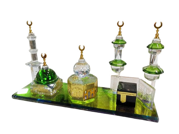 Crystal 3-in-1 Islamic Landmark Model featuring Kaaba, Masjid Nabawi, and Maqam-e-Ibrahim – spiritual home décor gift in glass and crystal finish