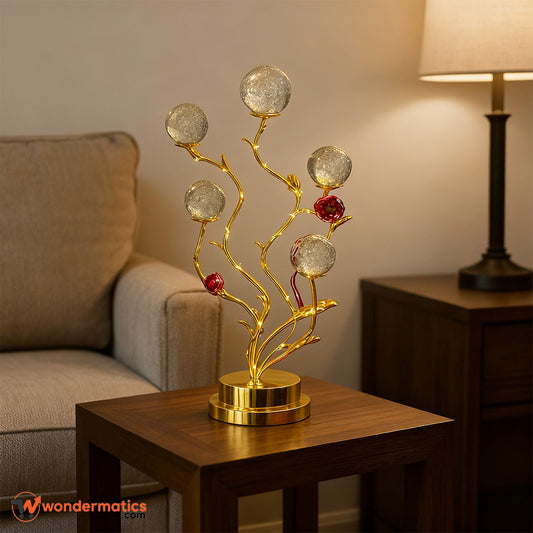 Crystal ball LED decoration light with golden rose stand and bubble orbs, battery operated ambient décor for home, events, and gifts