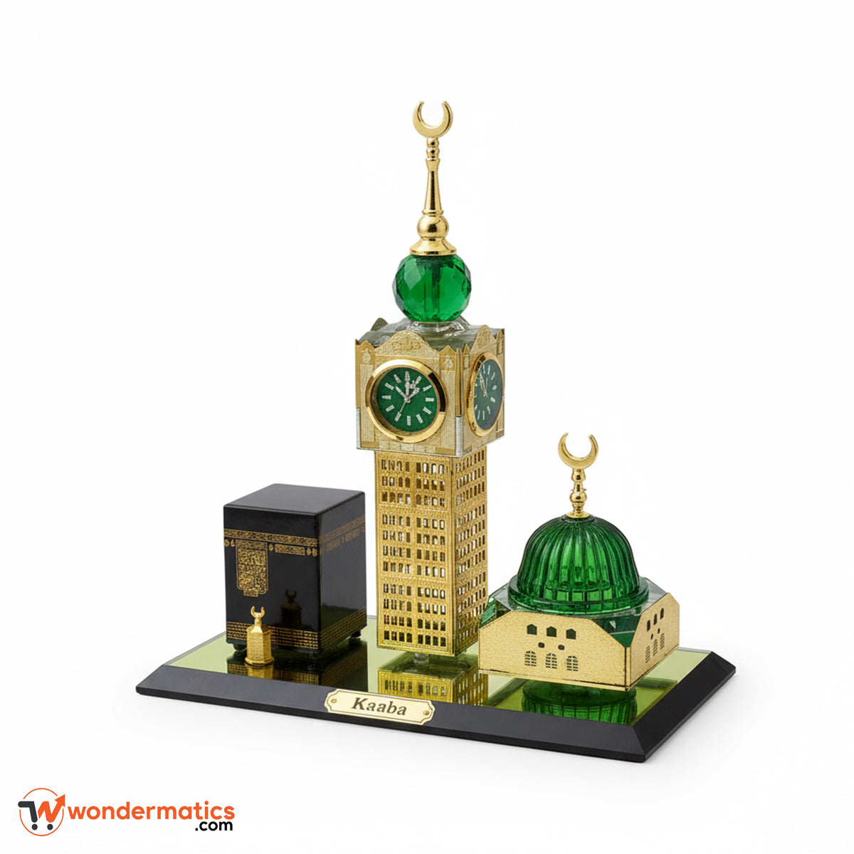 Front view of 3-in-1 Crystal Kaaba Clock Tower with elegant table clock