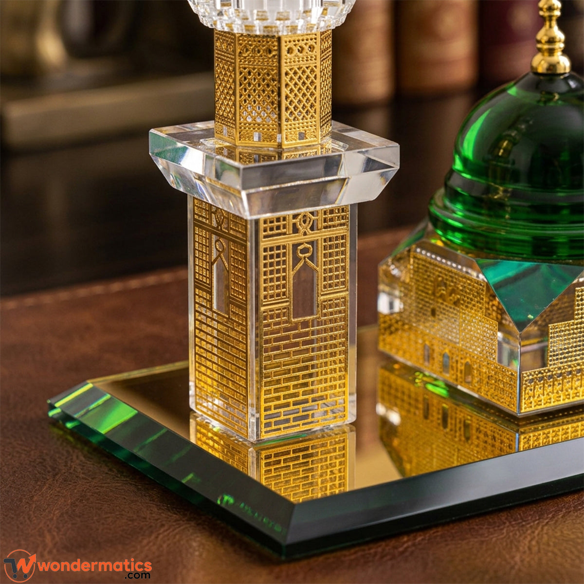 Close-up of golden crystal minaret tower with tiered balcony design