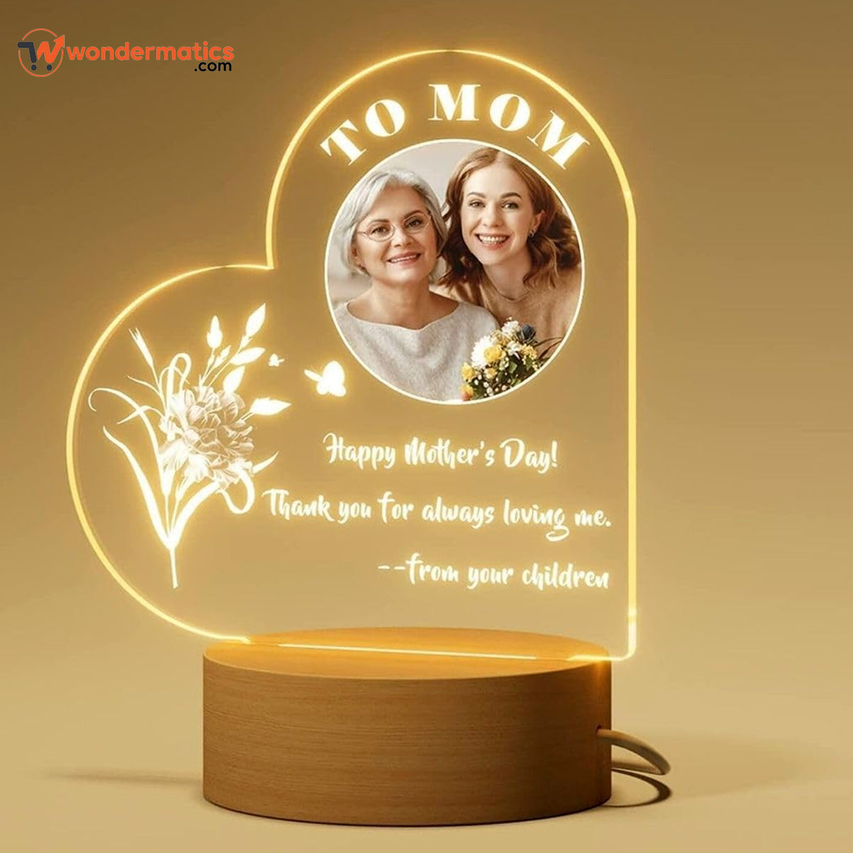Custom Heart Photo Lamp with Warm Wooden Base