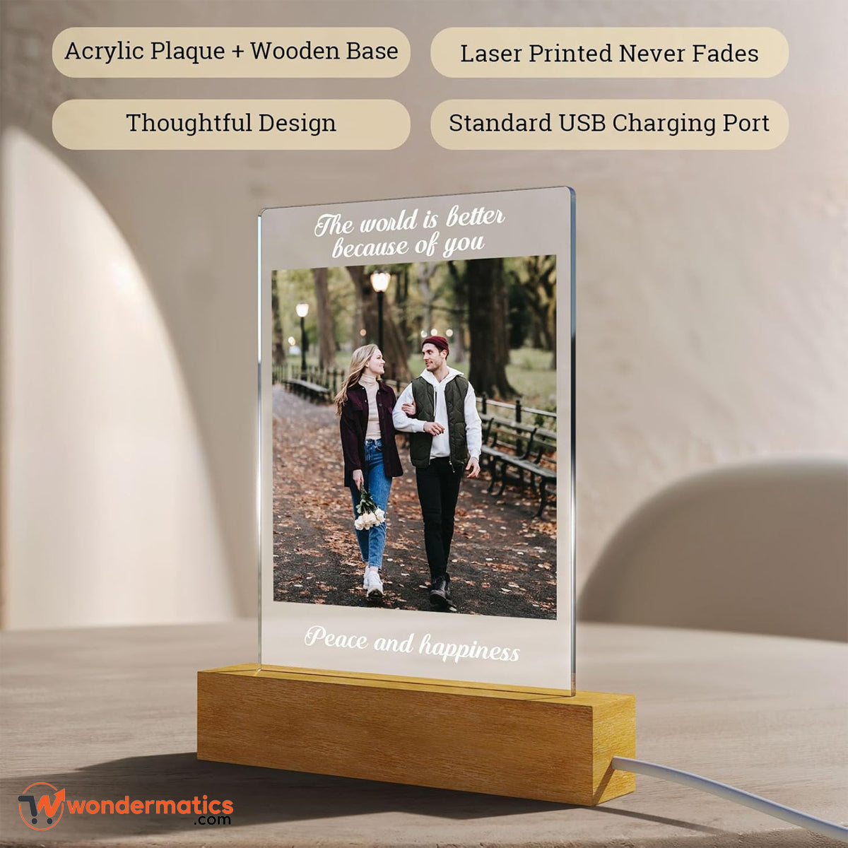 Wooden base LED lamp with personalized photo print