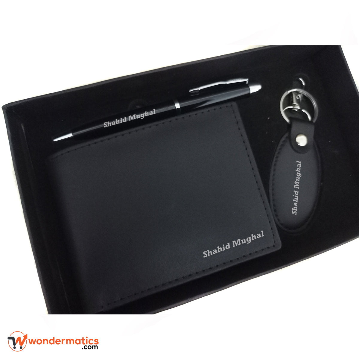 Personalized name engraved wallet, pen, and keychain set for him