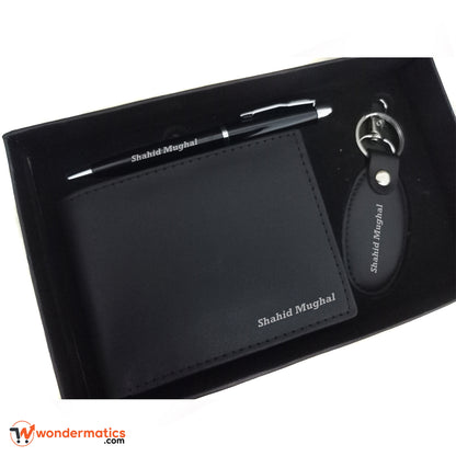 Personalized name engraved wallet, pen, and keychain set for him