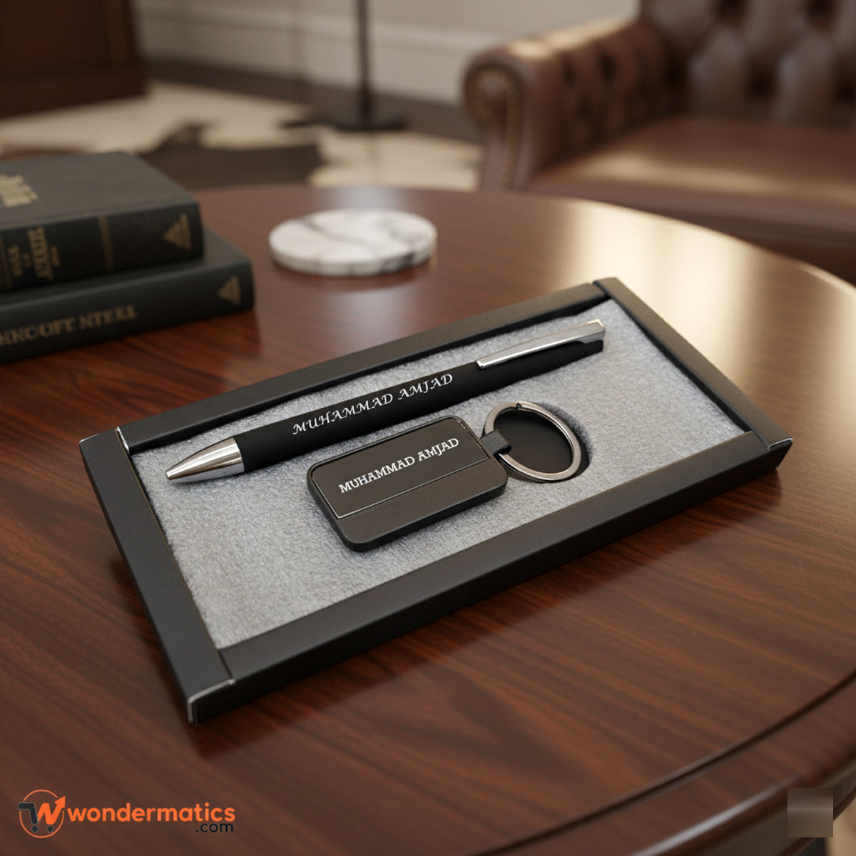 Personalized pen and keychain set with free shipping across Pakistan, custom name engraving