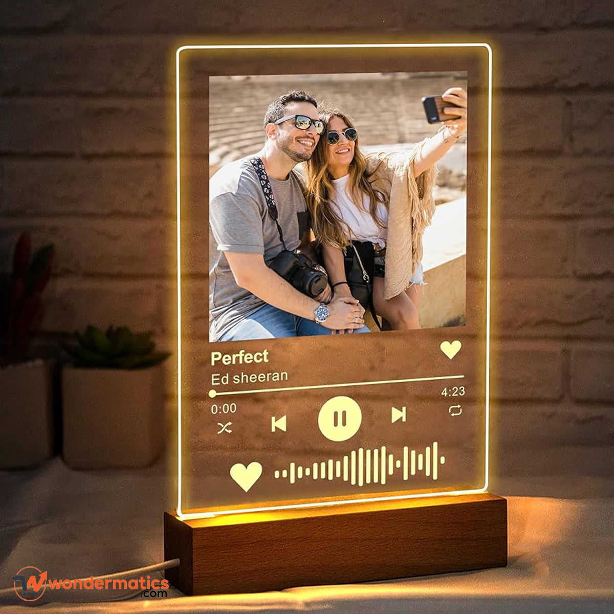 Custom photo print lamp with wooden base and warm LED glow