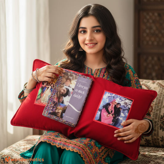 Pakistani girl holding customized album cushion while sitting on sofa – personalized gift for home decor