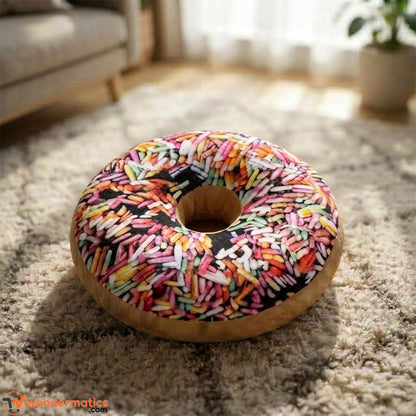 Front view of round donut shaped plush floor cushion brown color