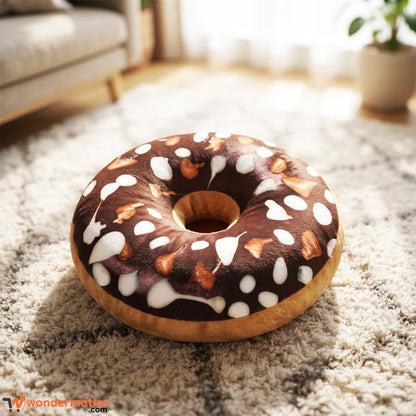 Front view of round donut shaped plush floor cushion dark brown color