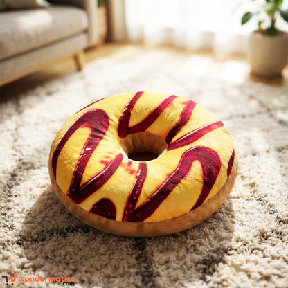 Front view of round donut shaped plush floor cushion light brown color