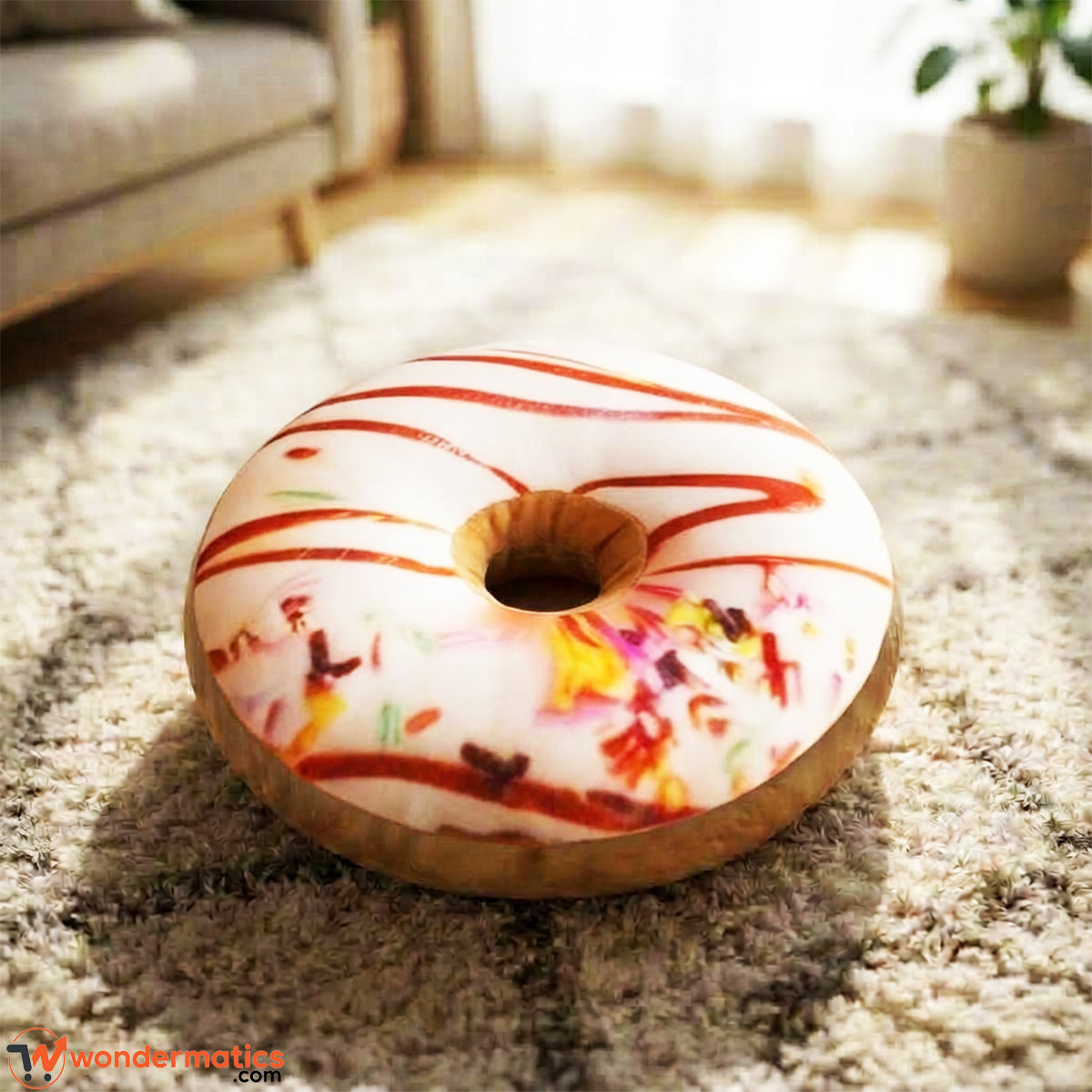 Front view of round donut shaped plush floor cushion offwhite color