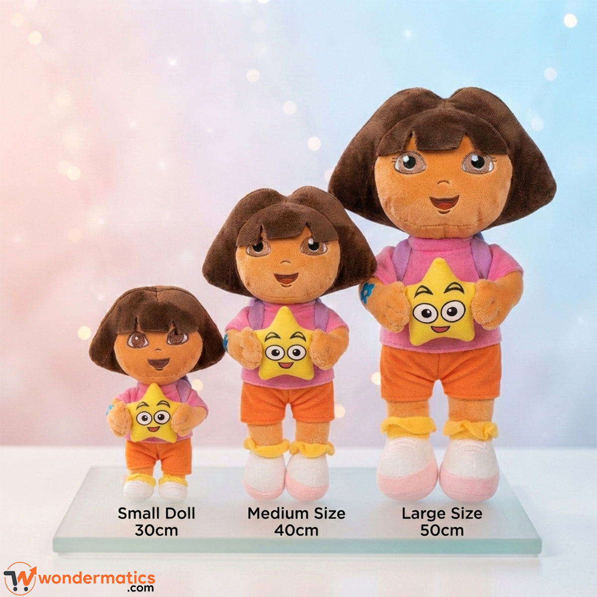 Dora soft toy available in approximately 30 cm, 40 cm and 50 cm sizes