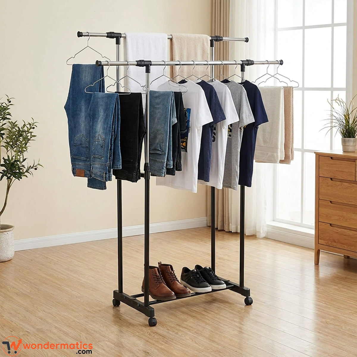 A black metal rolling clothes rack with three horizontal bars and a lower shoe shelf, shown in a bright room with jeans, T-shirts, towels, and shoes hanging on it.