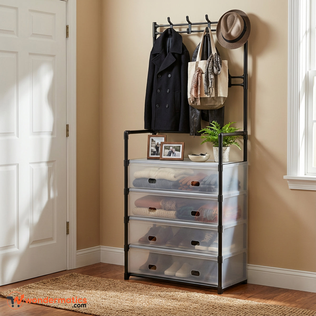 Multi-functional dustproof shoe and coat rack organizer with hooks for entryway storage
