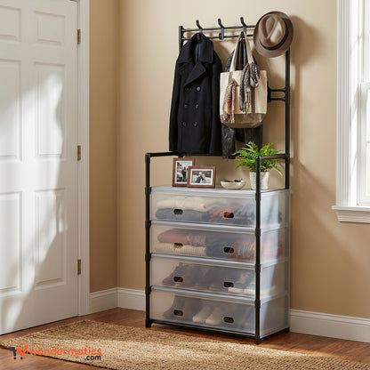 Multi-functional dustproof shoe and coat rack organizer with hooks for entryway storage
