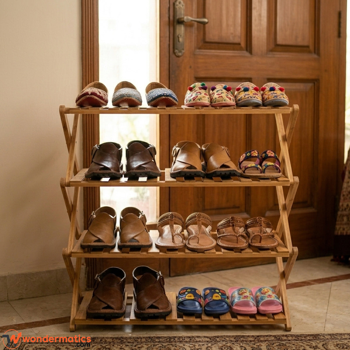 Eco friendly X-bamboo multi layer shoe storage rack with foldable design ideal for keeping shoes organized in small spaces and homes in Pakistan