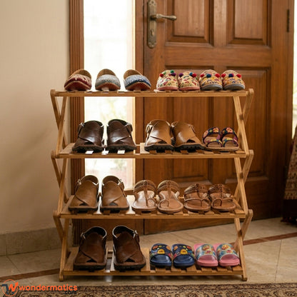 Eco friendly X-bamboo multi layer shoe storage rack with foldable design ideal for keeping shoes organized in small spaces and homes in Pakistan
