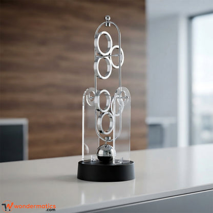 Electronic kinetic desk display model with swinging rings and clear acrylic support shield