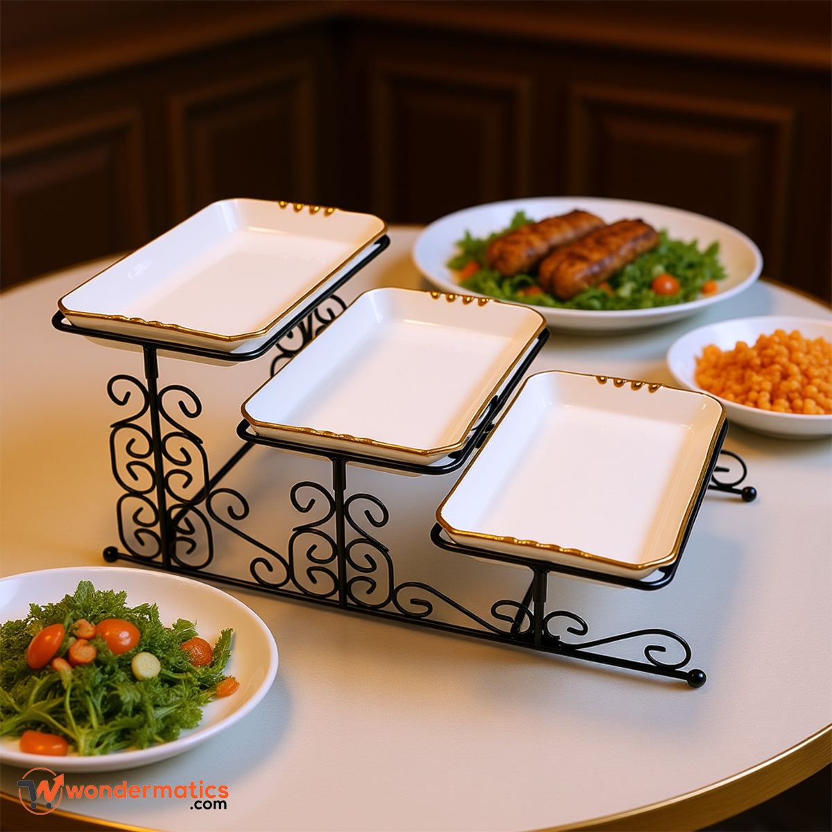 Elegant 3 Tier Serving Stand with Ceramic Dishes – Stylish Tableware for Buffet, Tea Time and Events
