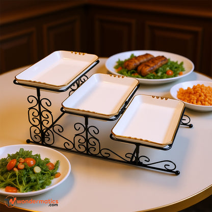 Elegant 3 Tier Serving Stand with Ceramic Dishes – Stylish Tableware for Buffet, Tea Time and Events
