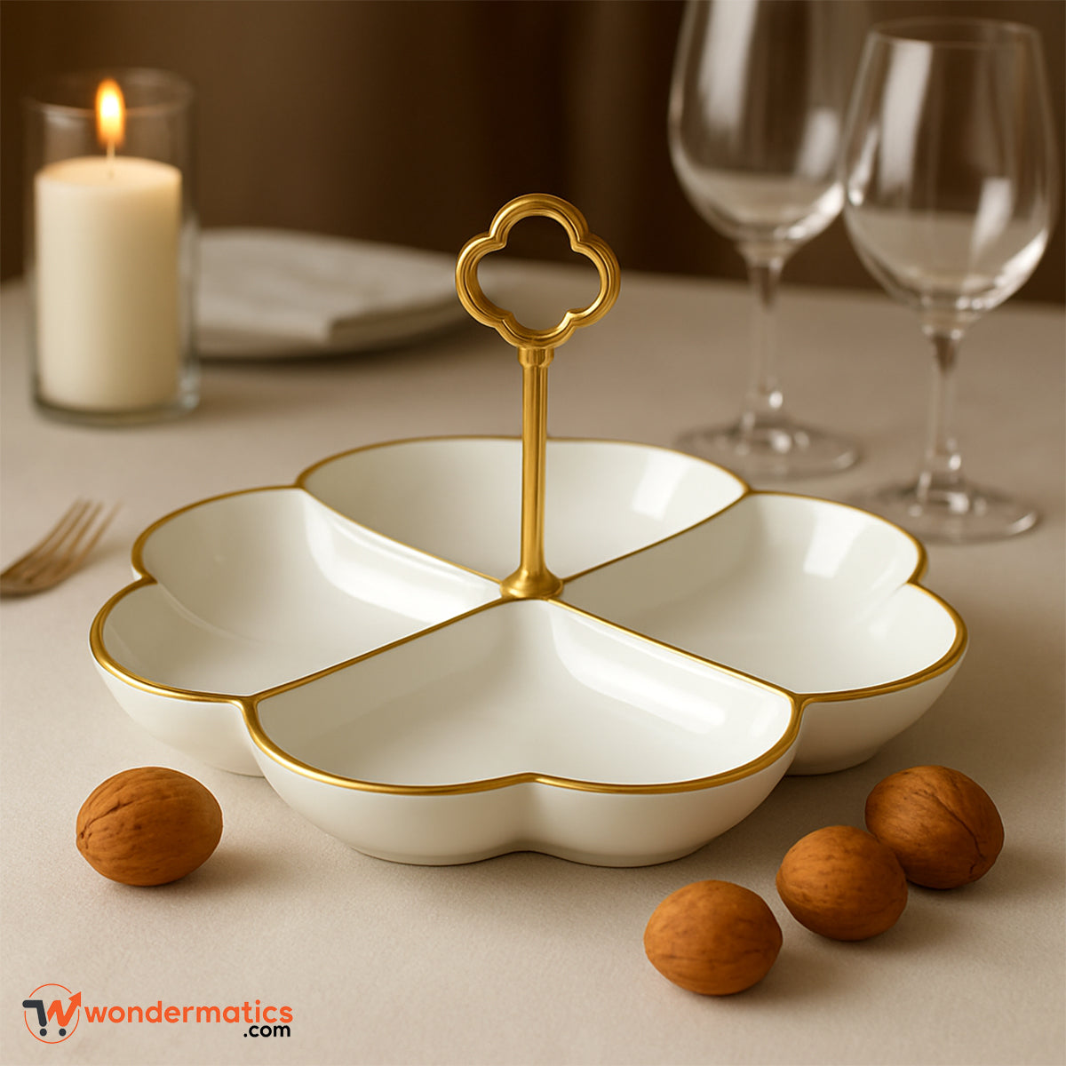 Elegant 4-section ceramic serving dish with gold handle for snacks and desserts
