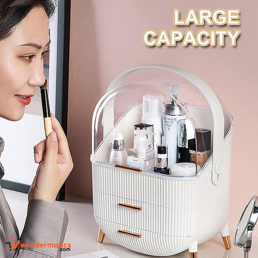 Elegant acrylic cosmetic makeup organizer with gold accents and multiple compartments