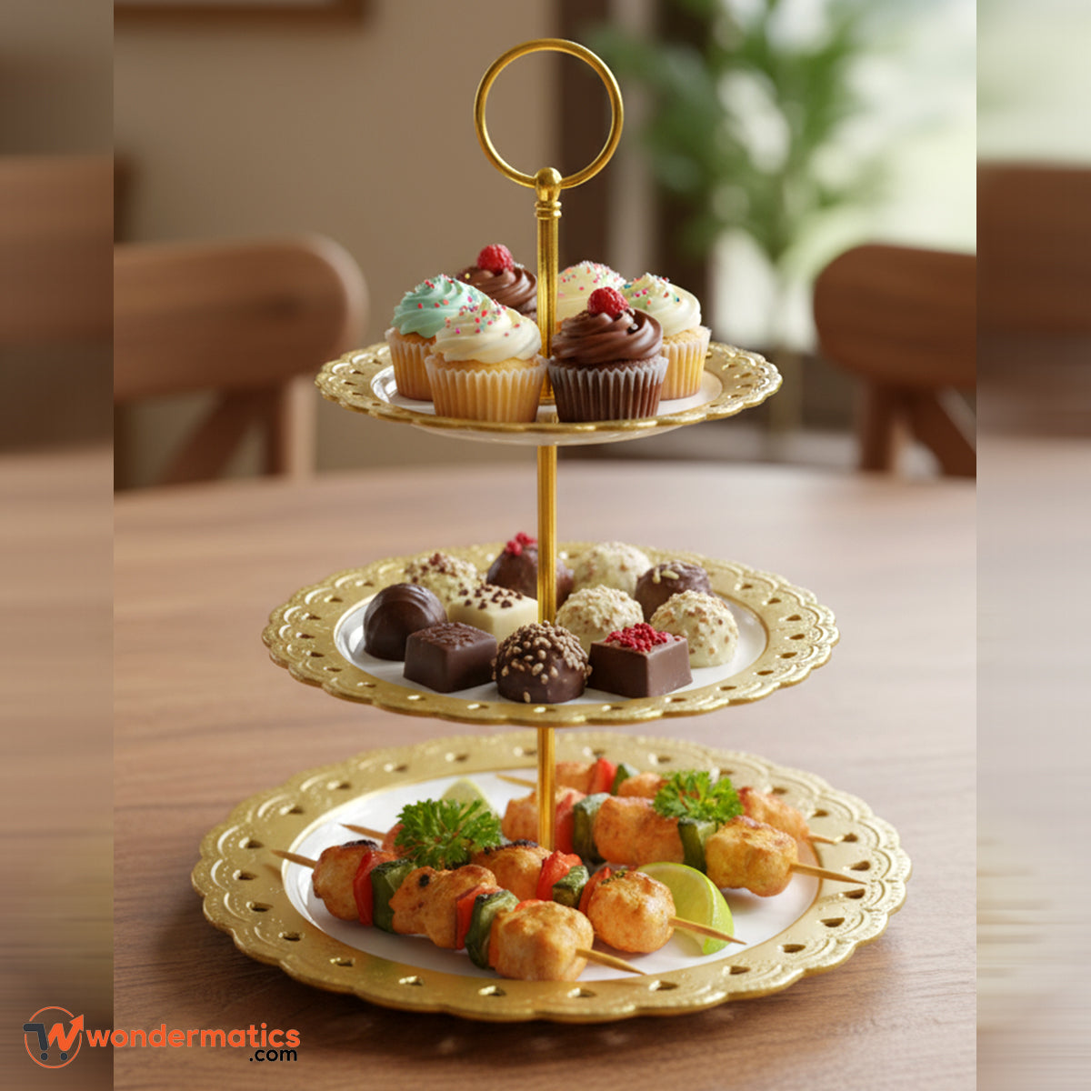 Elegant Cake and Dessert Stand with Gold Metal Frame and Porcelain Plates for Events and Tea Parties