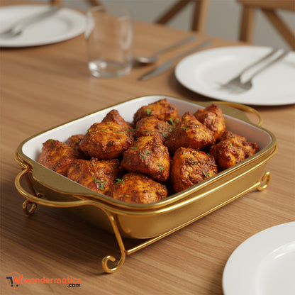 Premium ceramic serving ware with golden handles – ideal for home and event dining