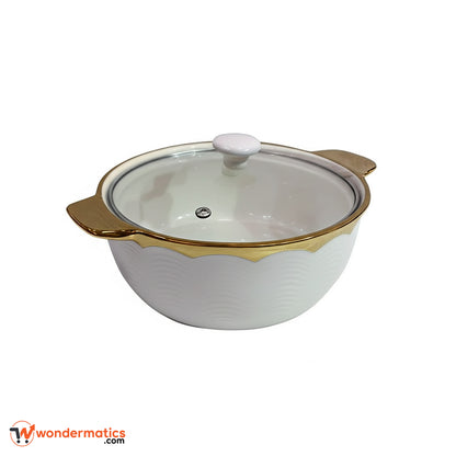 Premium ceramic food serving dish with clear glass lid and gold handles