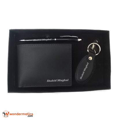 Engraved leather wallet, pen, and keychain for men, perfect personalized gift