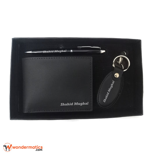Engraved leather wallet, pen, and keychain for men, perfect personalized gift