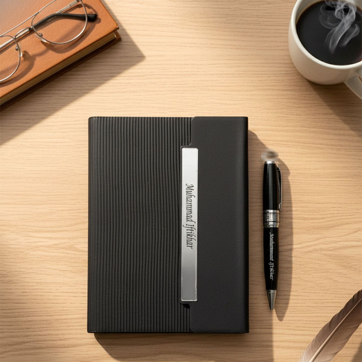 Engraved notebook with imported pen in sleek gift box packaging