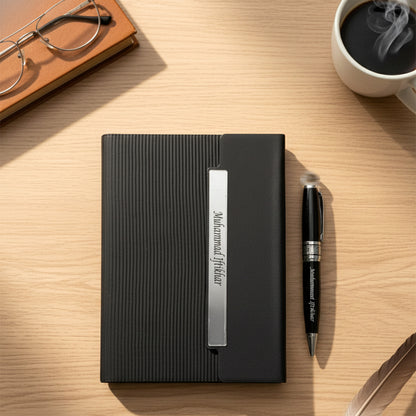 Engraved notebook with imported pen in sleek gift box packaging