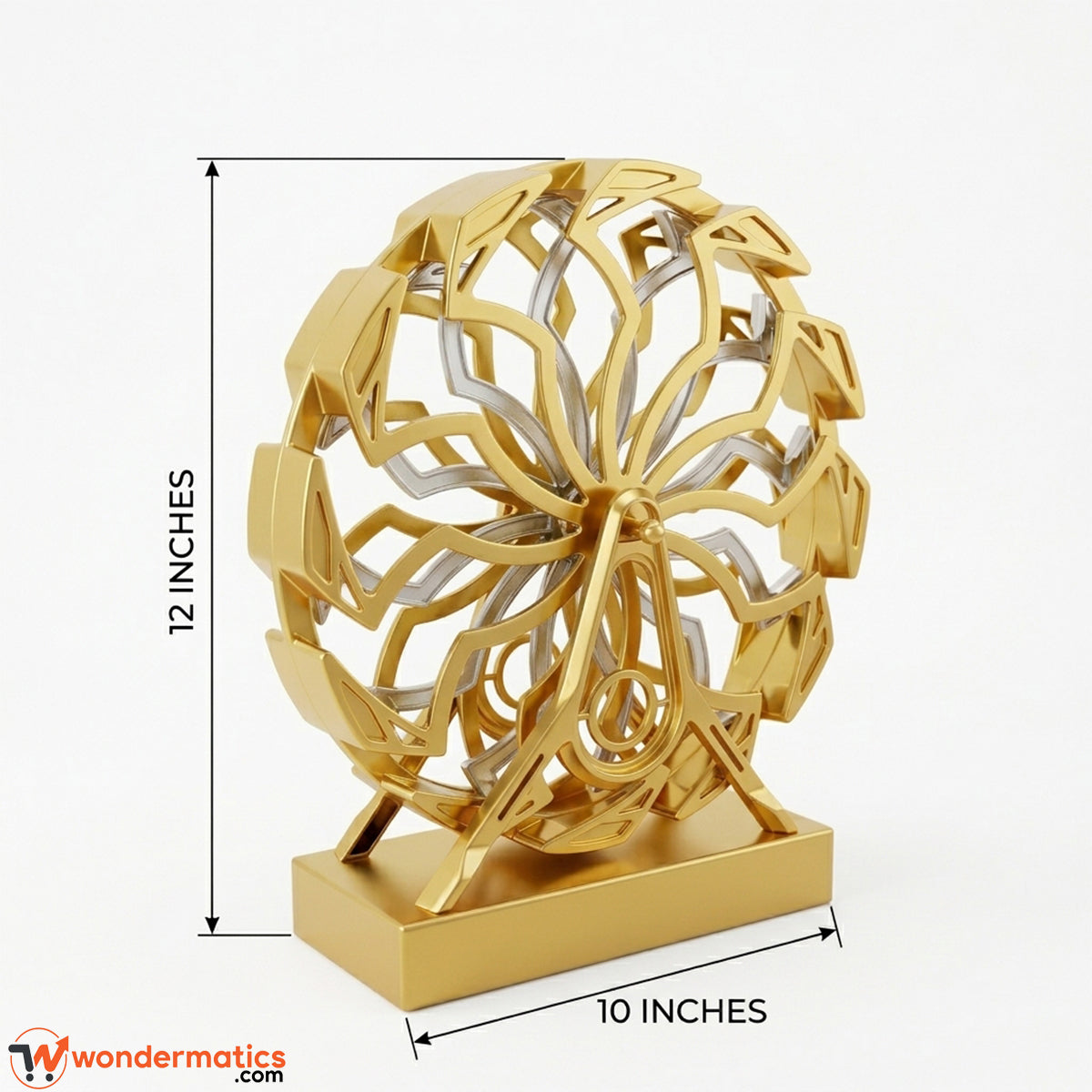 Gold Ferris wheel tabletop sculpture shown for size reference