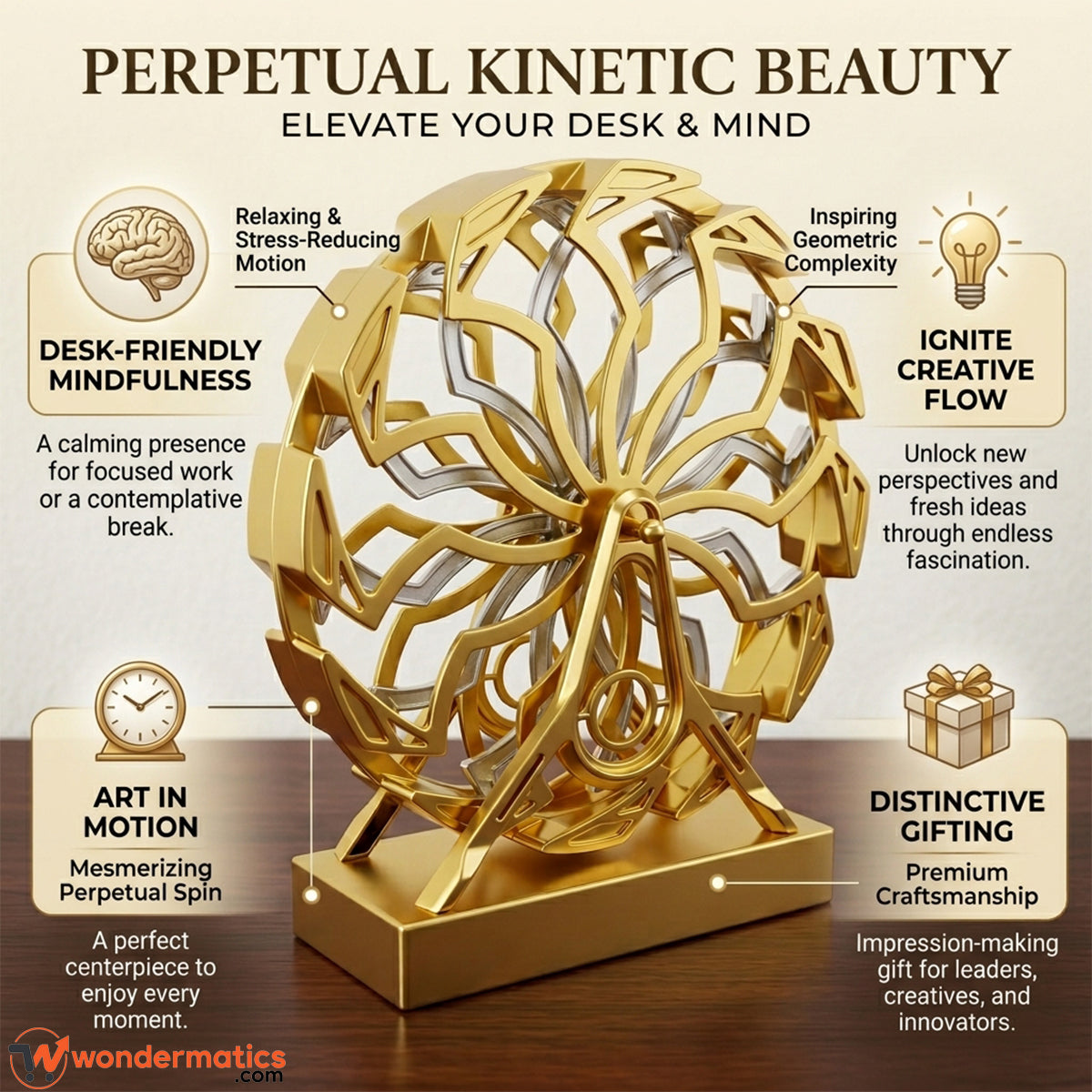 Gold kinetic Ferris wheel sculpture with its USB cable for power features highlight