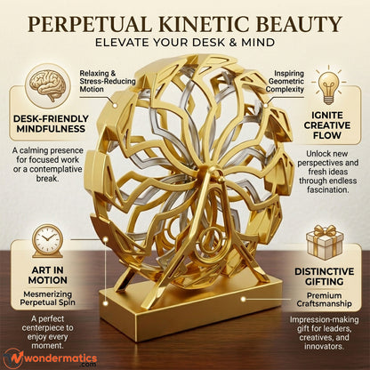 Gold kinetic Ferris wheel sculpture with its USB cable for power features highlight