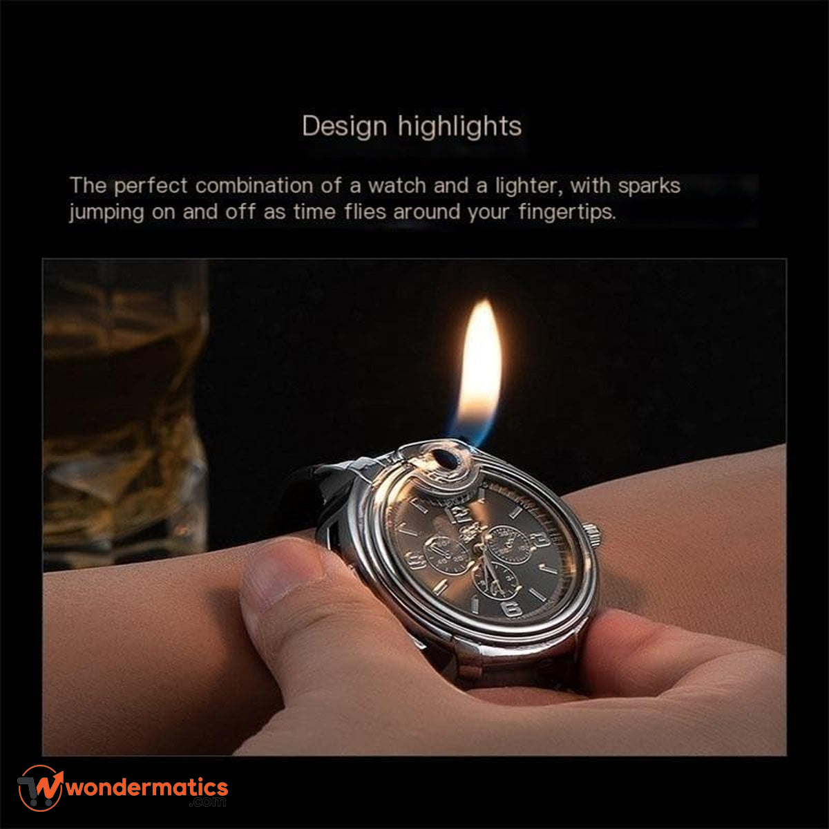 Flame lighter wristwatch with classic analog face