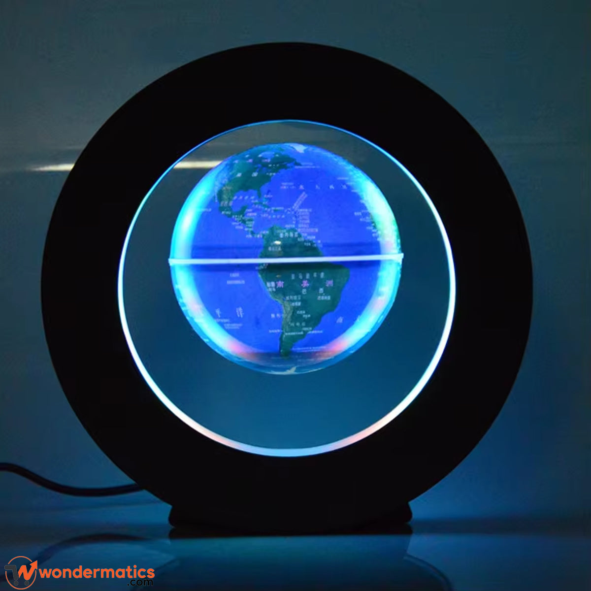 Front view of a floating world map globe lamp with a black circular frame and LED ring