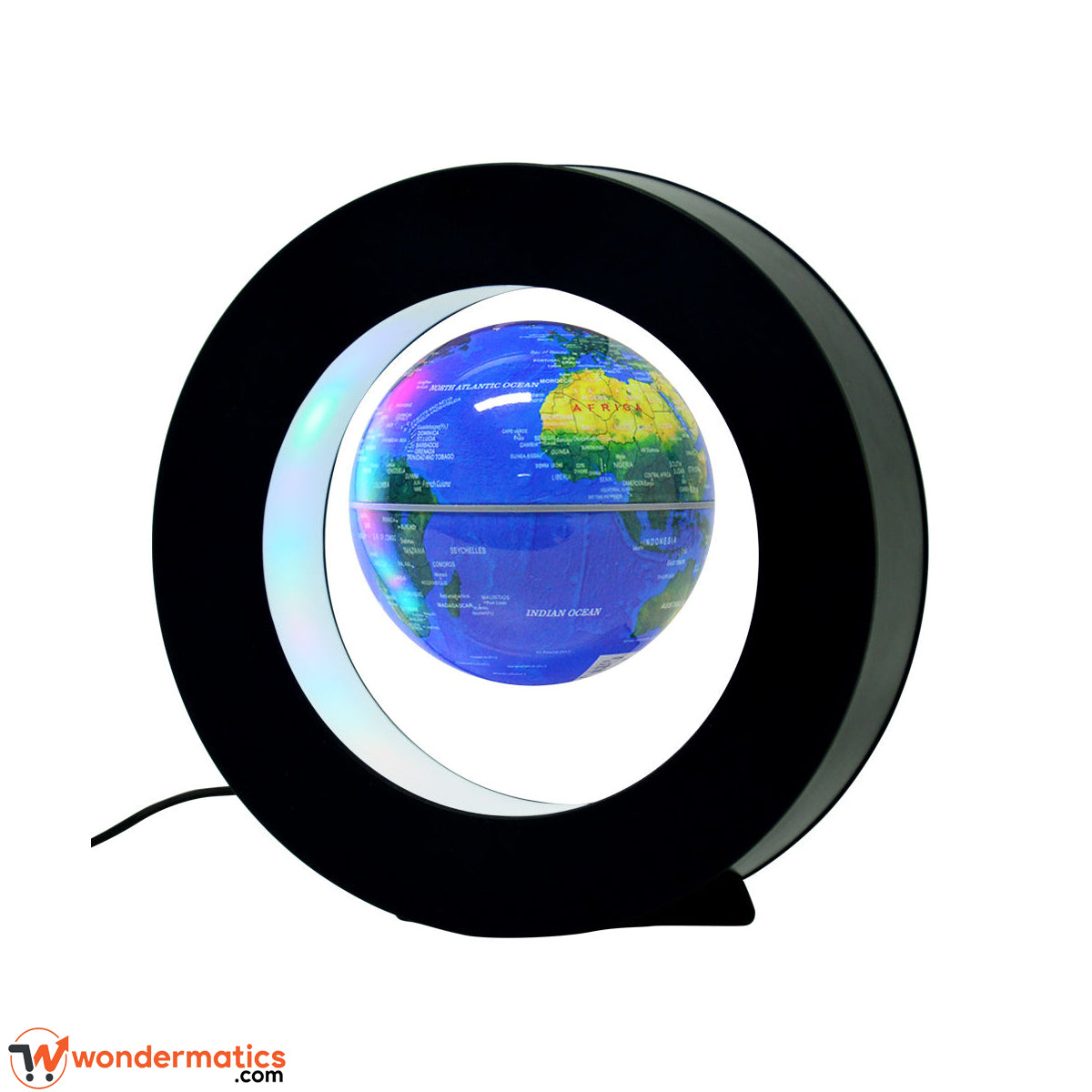 Close-up of the world map globe floating inside the lit LED ring