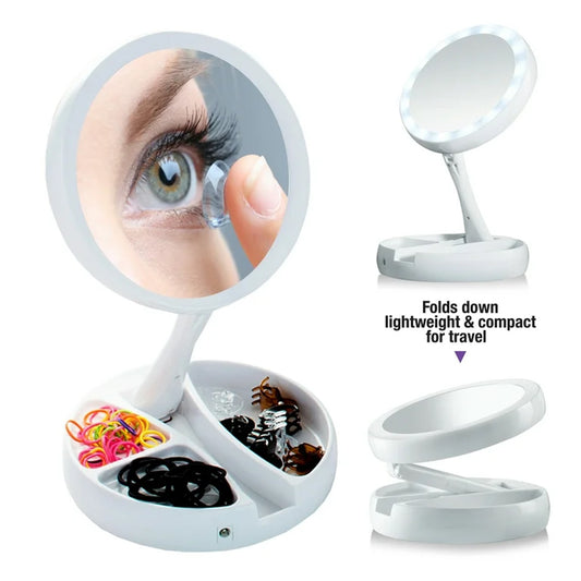 Foldaway LED vanity mirror with 360-degree rotation and dual sides