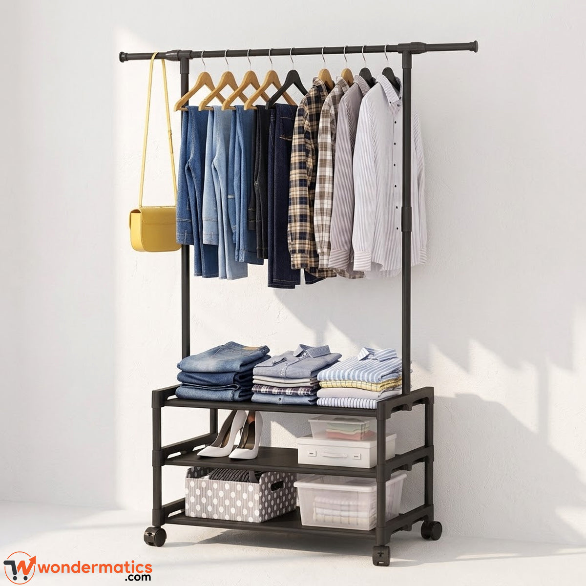 A black metal rolling clothes rack with a top bar holding multiple garments on hangers, a yellow shoulder bag hanging on the left, folded shirts and jeans on the lower shelf, and storage bins underneath, photographed against a plain white wall.