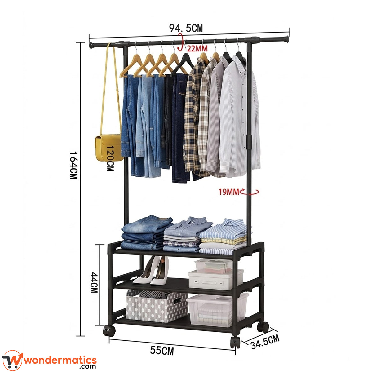 Dimension diagram of black garment rack showing height and width measurements
