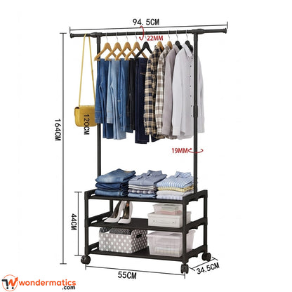 Dimension diagram of black garment rack showing height and width measurements