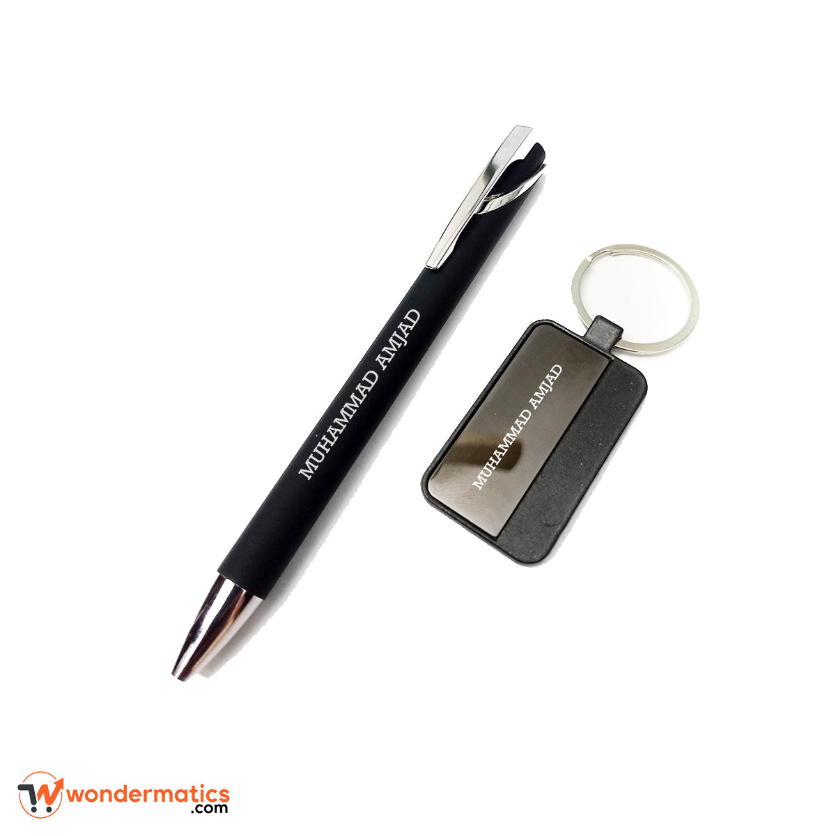 Gift-ready personalized pen and keychain set, ideal for anniversaries and corporate gifts