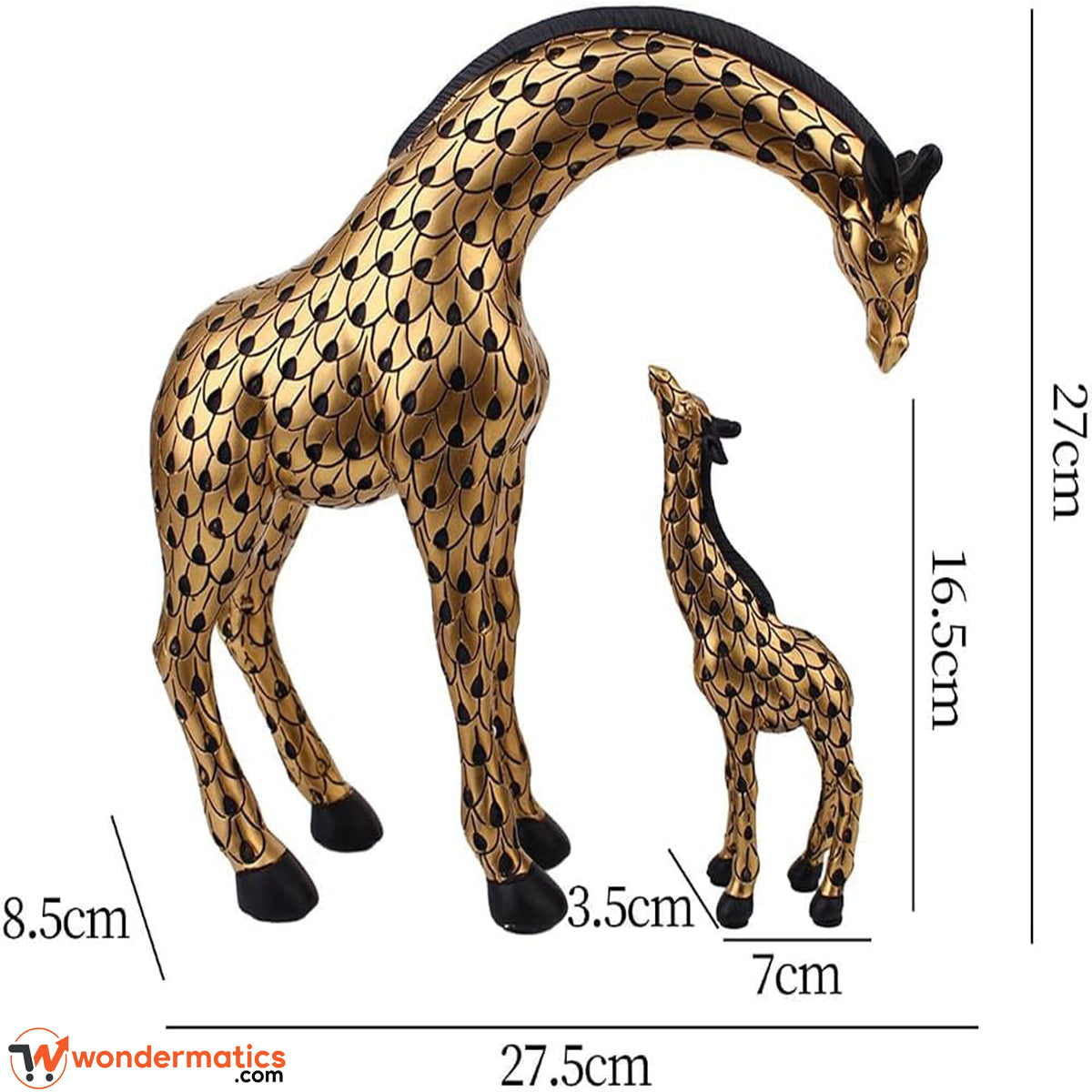 Large mother giraffe and small calf figurine shown together to compare sizes