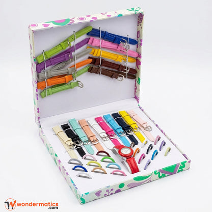 Girls 21 in 1 interchangeable watch set with colorful straps and dial rings in gift box