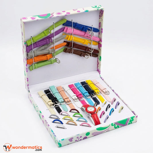Girls 21 in 1 interchangeable watch set with colorful straps and dial rings in gift box